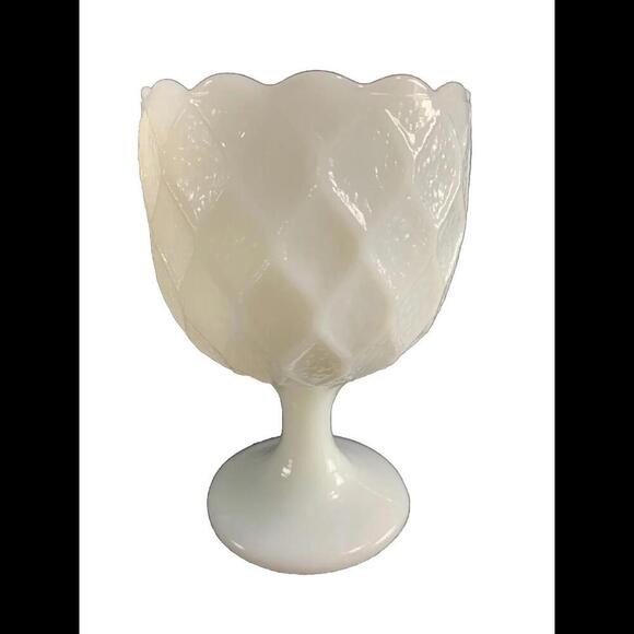 Vintage White Milk Glass Goblet Compote Pedestal Quilted Large 6.5" Tall - Picture 2 of 12